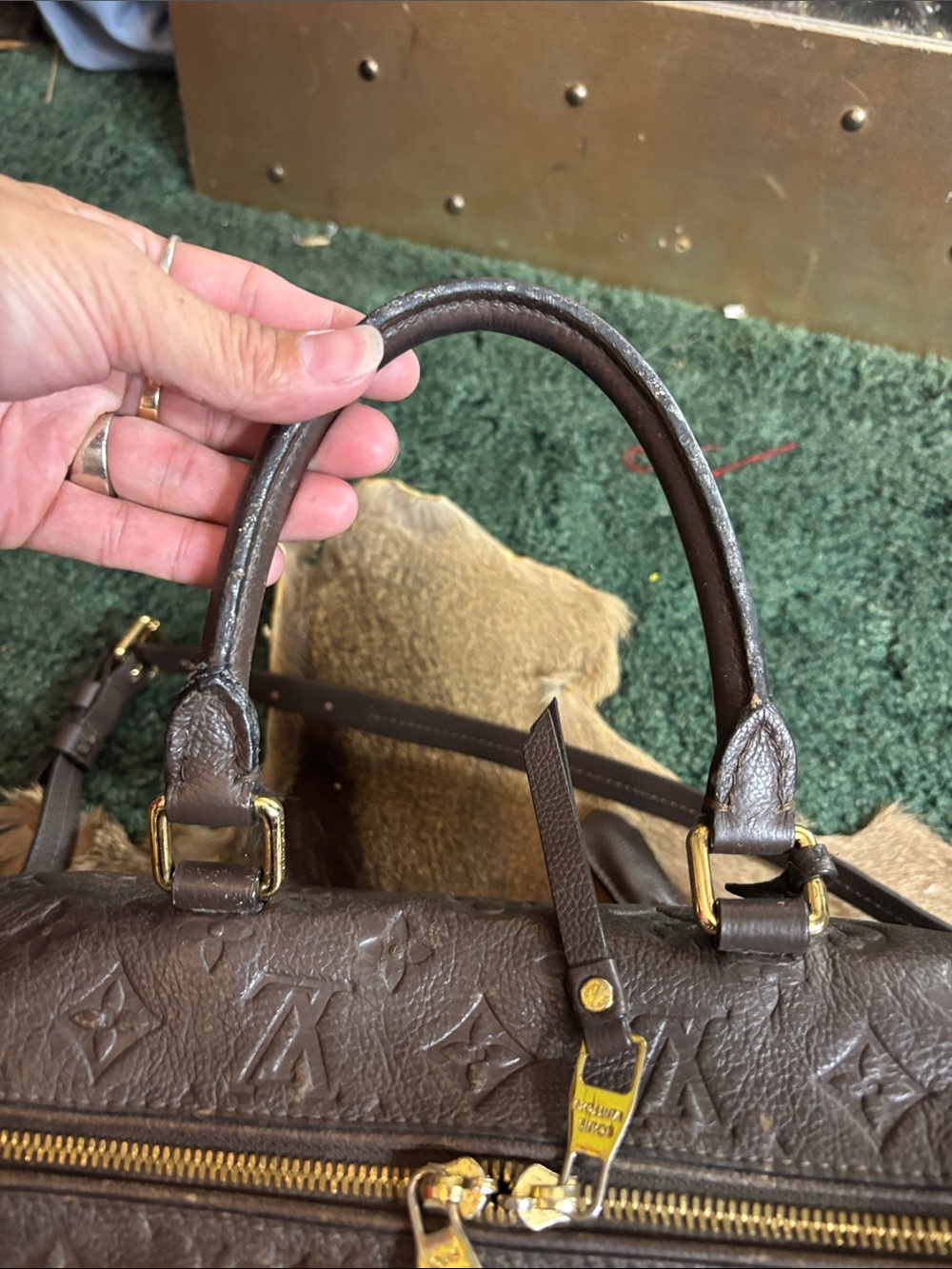 Vintage Brown Monogram Leather Satchel - Picture 7 of 15